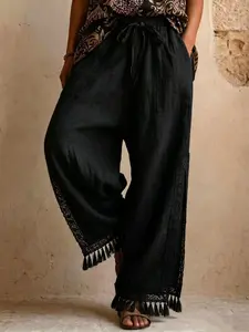 Summer Cool Choice, Linen Wide Leg Pants, Side Lace Insert + Fringe Design, Breathable and Comfortable, Ideal for Hot Weather