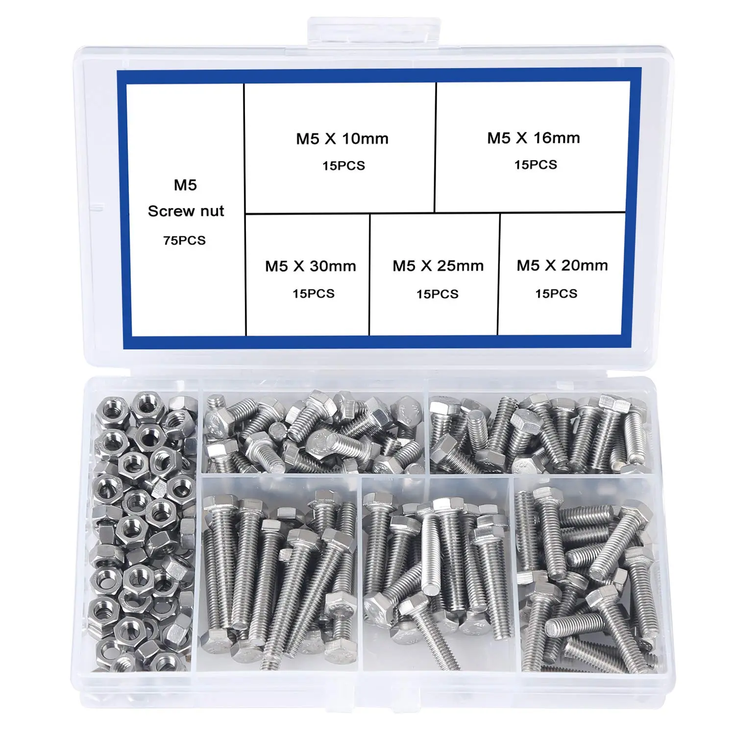 M5 304 Stainless Steel  and Nuts Kit, Hex Flat  Cap  Screws Nuts Hexagon Socket  Screw,Heavy Duty Hex  Nuts ,  Mechanical  Combination Box