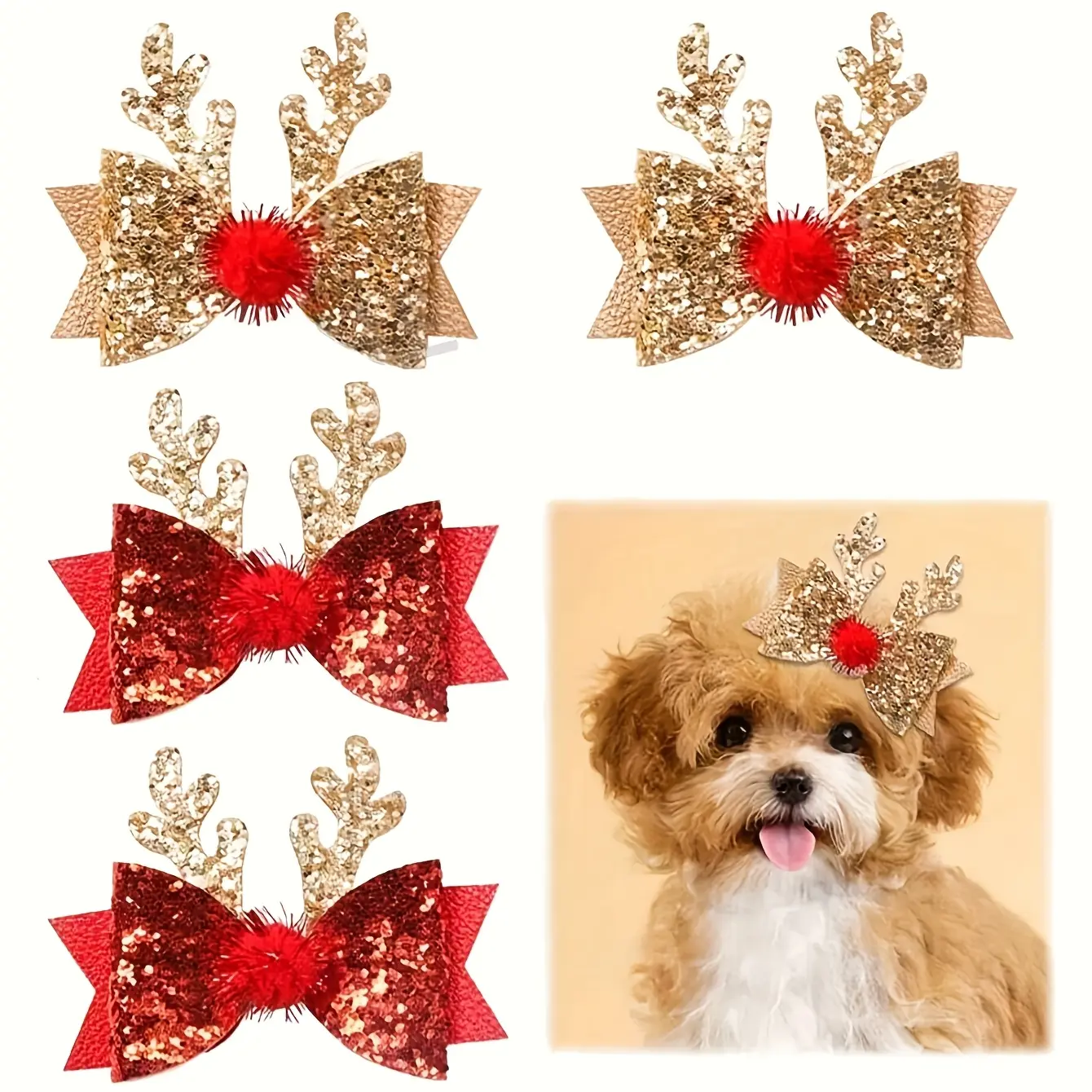 Elk-Themed Non-Toxic Pet Hair Clip with Shiny Antlers & Bowknot for Dogs & Cats - Elk Antlers for Christmas Costumes, Year-Round Collar or Harness Accessories, Cute Antler Clip for Cat & Dog Outfits (No Toxic Plants)