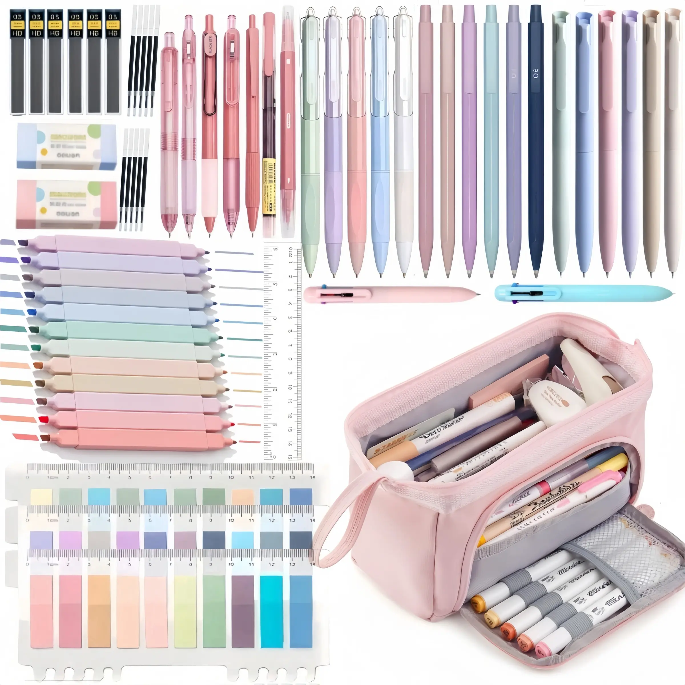 1Set Morandi stationery set,back to school,Large Capacity Pencil Case,8PCS black gel pens,Morandi 0.5mm mechanical pencil,Pastel Highlighters,sticky note,eraser,ruler,Cute Office School Supplies Gifts for Women Men,school supplies