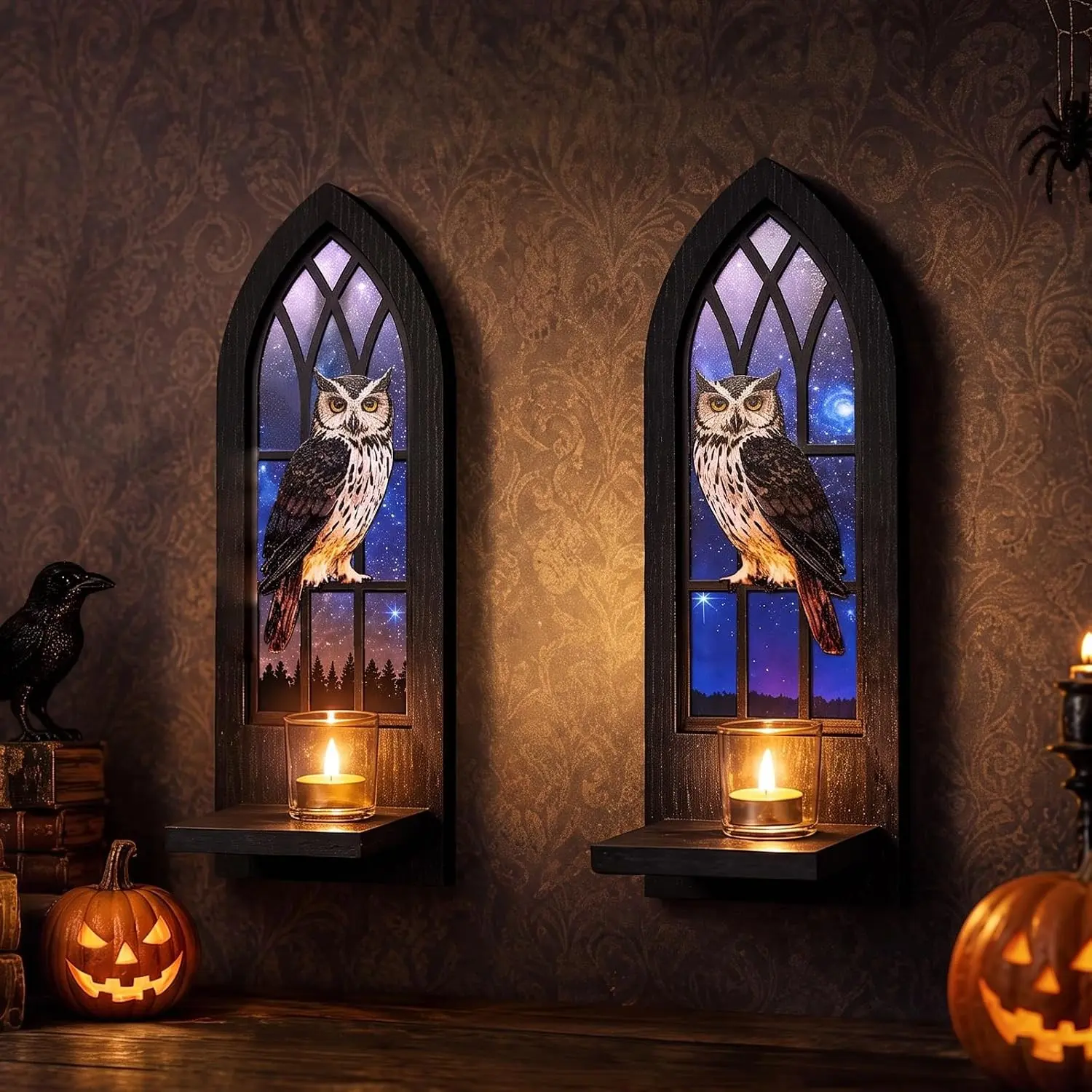 Gothic Owl Wall Candle Sconces Set of 2, Cathedral Window Wall Mounted Candle Holders, Dark Academia Spooky Wall Decor Shelf for Taper & Pillar Candles