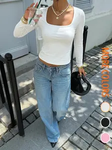 【Back to School Outfits】Women's Casual Basic Long Sleeve Spring Summer Low Neck T-Shirt, Breathable Comfort Fit Essential Top, Perfect for Daily Wear