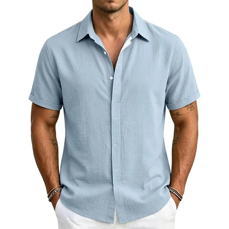 Cotton Linen Casual Shirts Short Sleeve Shirts Button Down Shirt for Men Beach Summer Beach Wedding Shirt