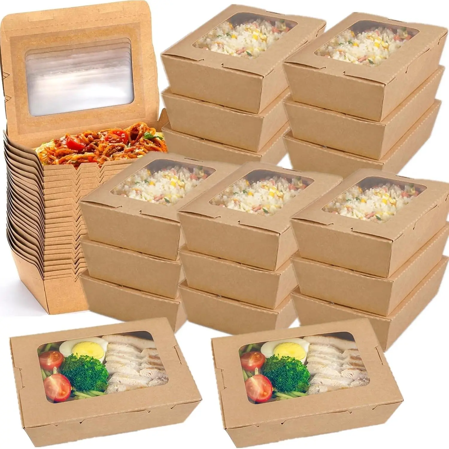 50 Pack Take Out  Containers with Window, 40 oz Microwaveable  Paper To-Go Boxes, Foldable Pastry Containers for Catering, Restaurants, Parties, Meal Prep