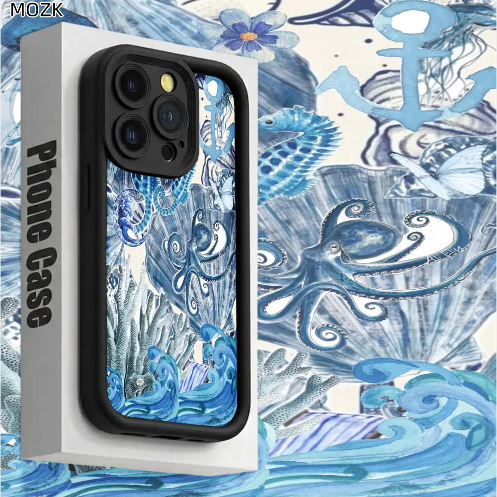 Phone Case - Oceanic Marine Theme Phone Case: Blue Octopus Seahorse Anchor And Wave Pattern Shockproof Case for iPhone 17 E Air 16 15 14 Pro Max Plus 13 12 Mini 11 X XS XR Imitation Liquid Printed Phon