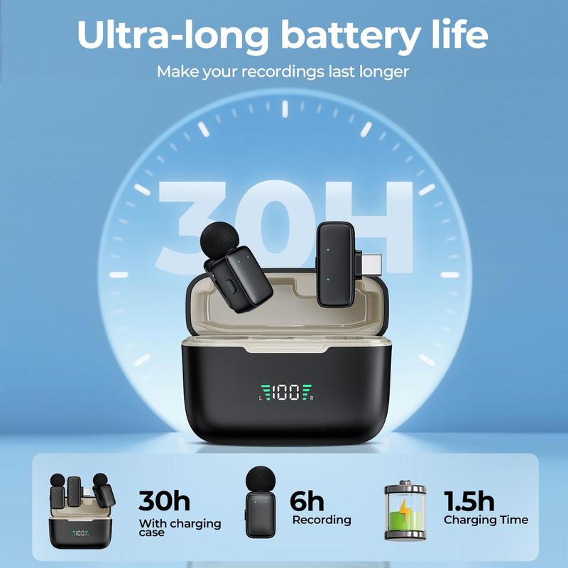 Professional Wireless Lavalier Microphone Lapel Mic with AI Voice Changing Mode, Smart Noise Cancellation - Portable Charging Case - For iPhone & Android phone, - Grade Sound for TikTok, YouTube, Vlog, Interview, Podcast