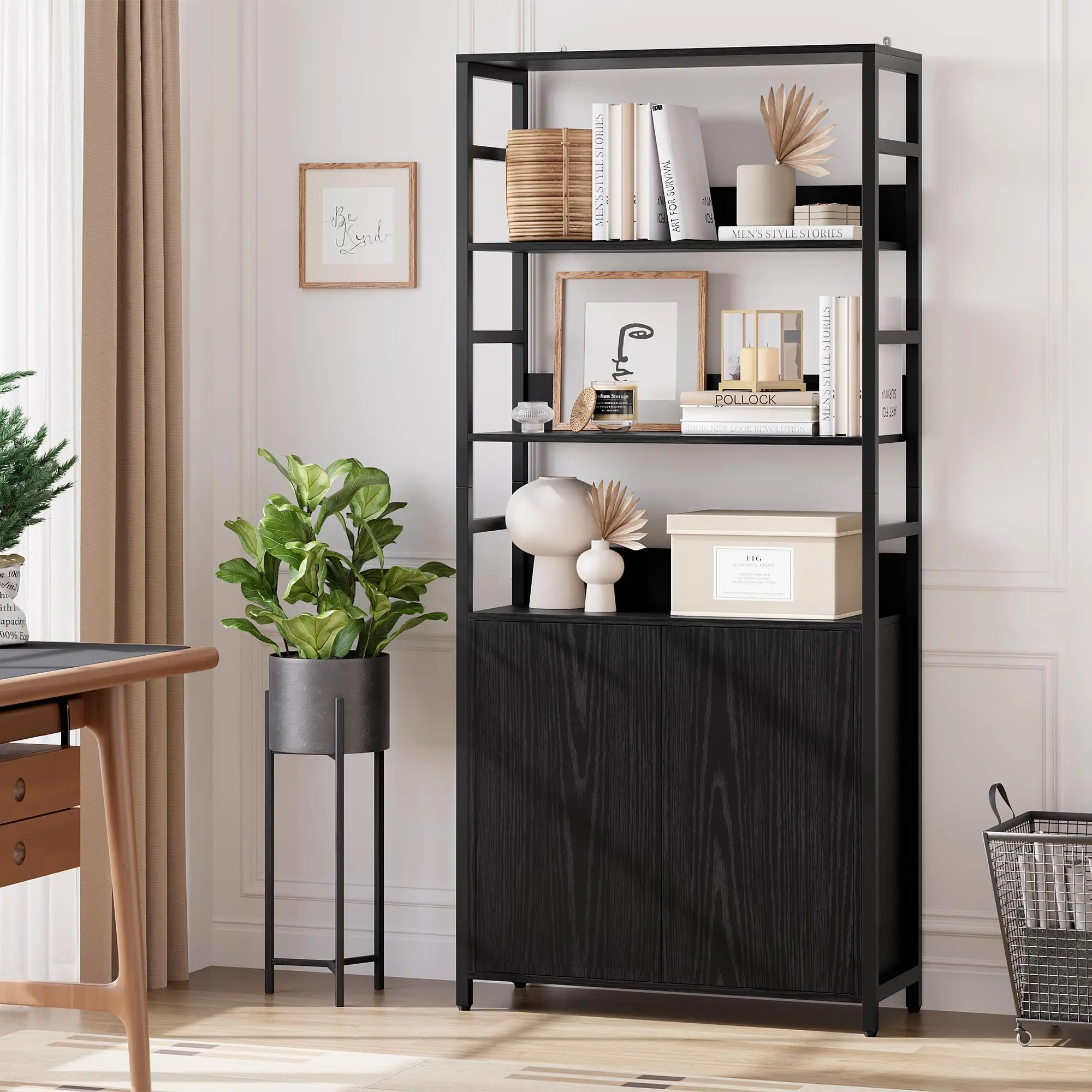 71" Tall Bookshelf with Doors, Standing Display Rack with Adjustable Shelf, Industrial Bookcase with Closed Storage, Floor Standing Organizer for Home Office Living Room Study