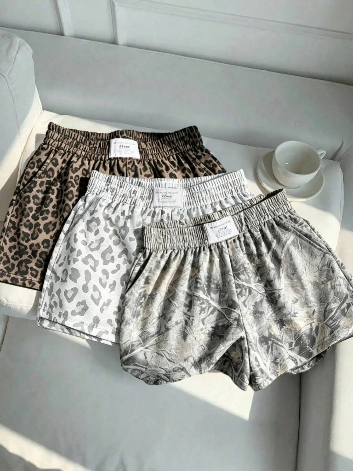3 pieces, American retro sexy leopard print, withered tree branch and Camouflage full printed Elastic waist with pocket Loose sports shorts, suitable for women's daily home and outdoor casual wear in summer, Casual Shorts Loungewear