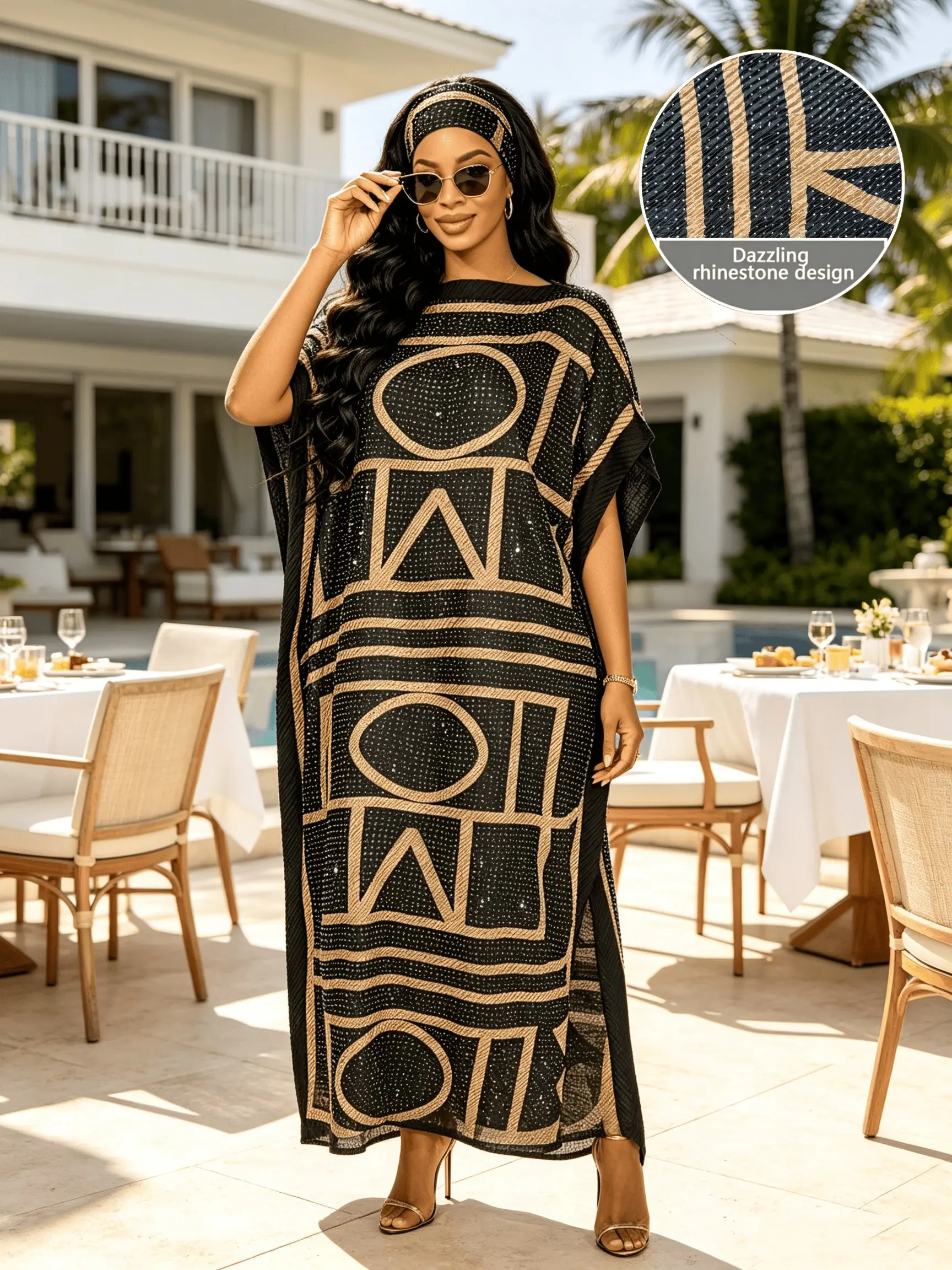 Black Gold Abstract Geometric Hot Drill Rhinestone Kaftan Two Piece Set With Head Scarf, Oversized Split Hem Maxi Robe, Soft Glam Chic Beach Cover Up For Resort & Loungewear Night Dress, Fits Plus Size Curvy Figures