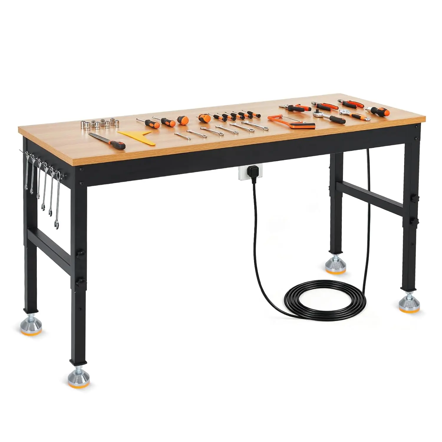 72" Work Bench with Power Outlet, 72” x 24” Adjustable Height Workbench, 2000 LBS Heavy Duty Hardwood Workbench Tool-Free Height Adjustment & 6 Hanging Hooks, Multipurpose Garage Workshop Workstation for Home, Commercial & Office Use