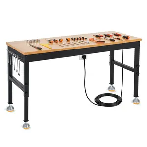 72" Work Bench with Power Outlet, 72” x 24” Adjustable Height Workbench, 2000 LBS Heavy Duty Hardwood Workbench Tool-Free Height Adjustment & 6 Hanging Hooks, Multipurpose Garage Workshop Workstation for Home, Commercial & Office Use