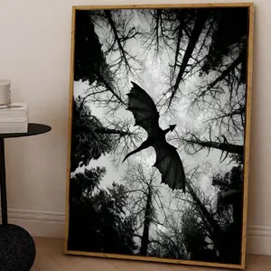 Fantasy "Flying Dragon" Canvas Wall Art Poster - Dark Forest Silhouette, Gothic Mystical Home Decor, Unframed