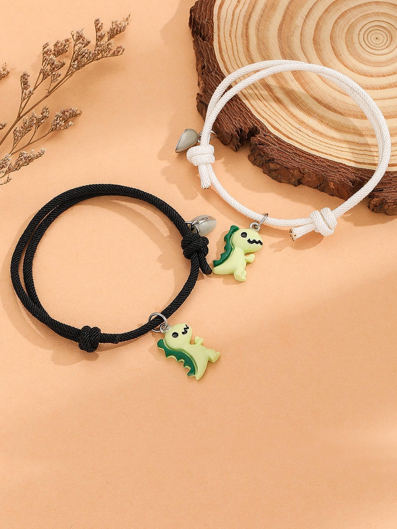 Cute Dinosaur & Magnetic Heart Design Bracelets, 2 Counts/set Fashionable Couple Bracelets for Women & Men, Trendy All-match & Exquisite Jewelry for Gift, Valentine's Day, Gift