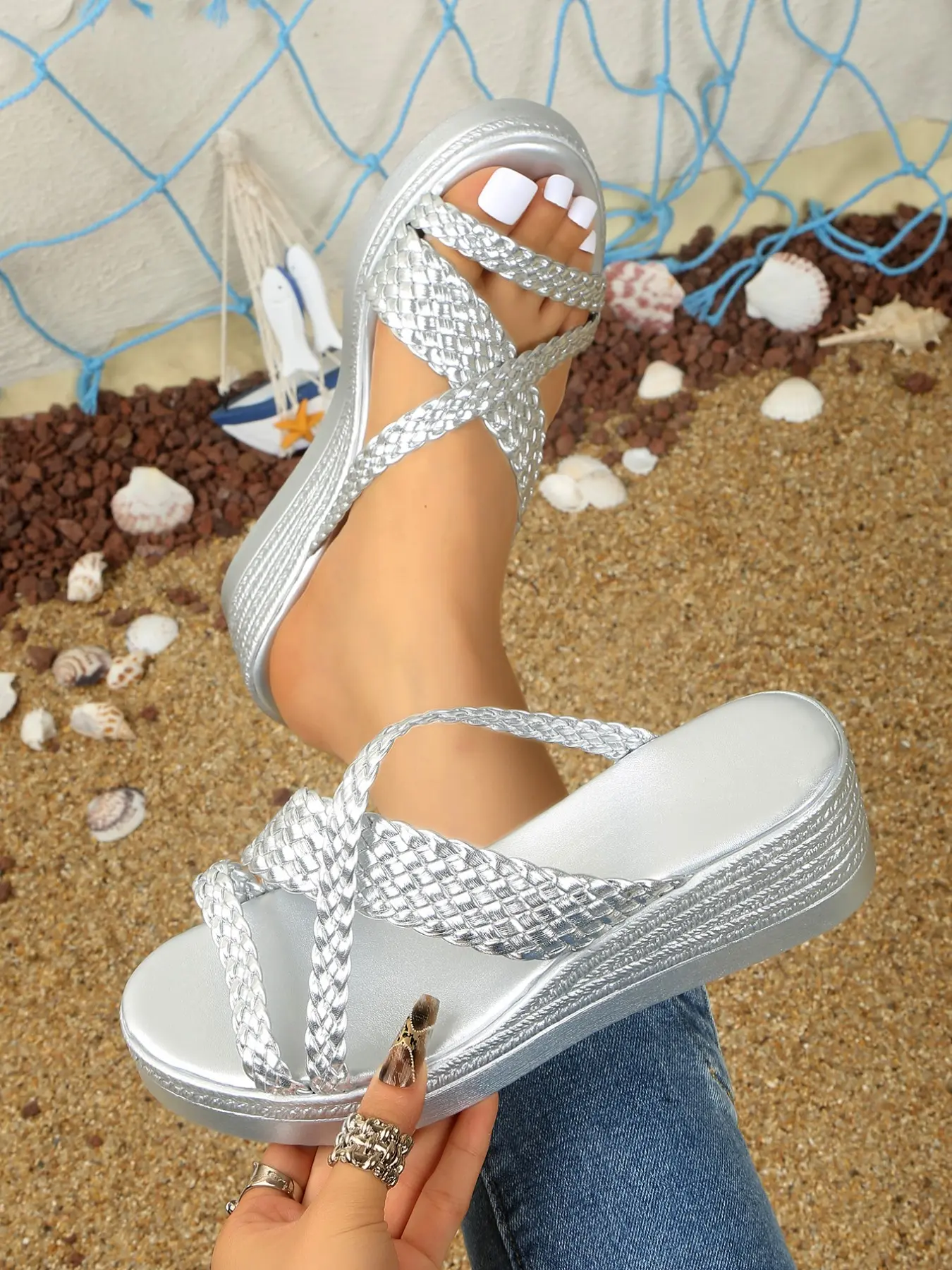 Women's Woven Crisscross Strap Platform Wedge Mules, Slip on Open Toe Braided Slide Sandals, Metallic Espadrille Wedge Summer Shoes, Crossed Straps Sandals