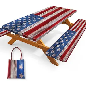 Table Cover with Bench Covers 6FT,Camping Flag Waterproof Windproof Fitted Tablecloth with Elastic Rectangle Table Cloth Camping Accessories