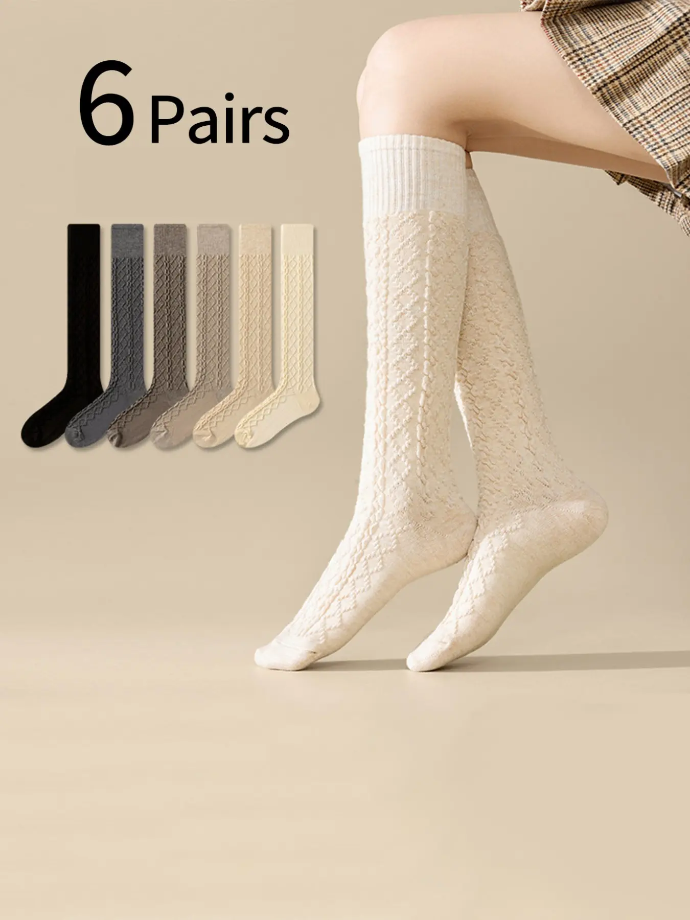 Women's 6-Pair Knee-High Cable-Knit Socks, Thick Winter Socks in Assorted Neutral Colors