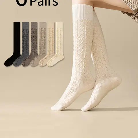 Women's 6-Pair Knee-High Cable-Knit Socks, Thick Winter Socks in Assorted Neutral Colors