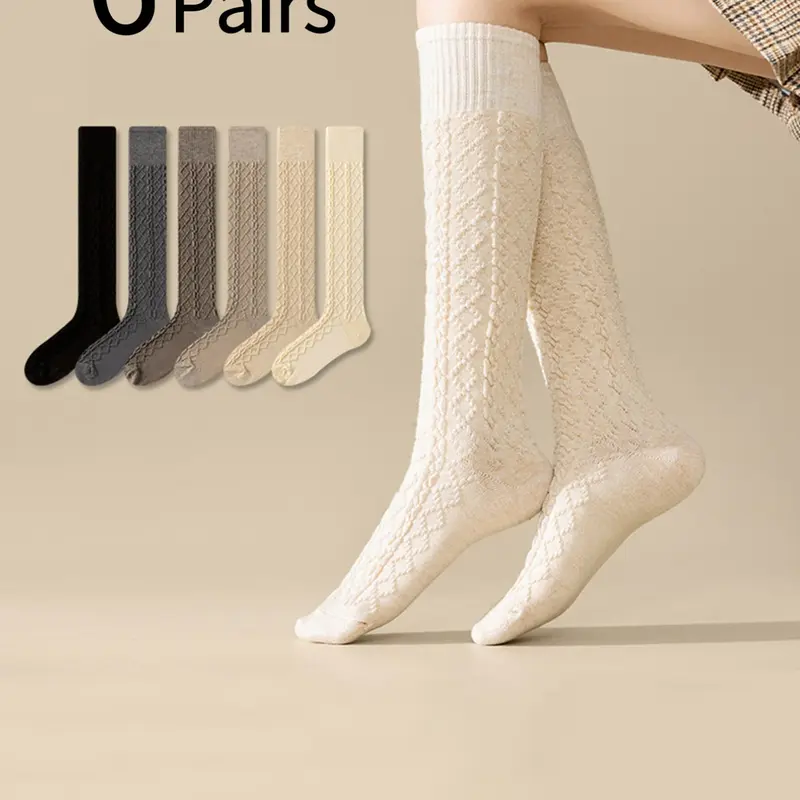 Women's 6-Pair Knee-High Cable-Knit Socks, Thick Winter Socks in Assorted Neutral Colors