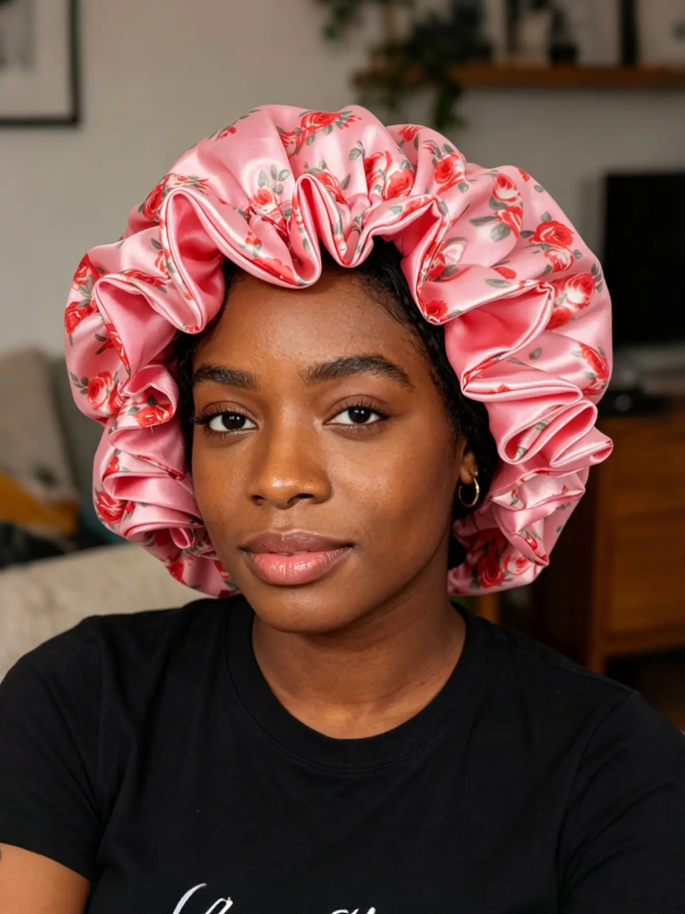 Luxurious Deep Floral Women's Two-Layer Satin Sleep Cap, Soft Breathable Night Hat, Ideal for Hair Care and Comfort