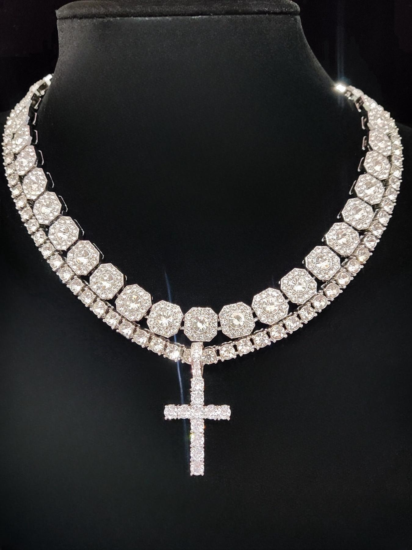 Artificial Zircon Decorated Cross Pendant Necklace & Chain Necklace, Cuban Cross Necklace, Punk Style Jewelry for Party, Daily Decor for Boy, Trendy Exquisite Hip Hop Jewelry for Birthday Gift