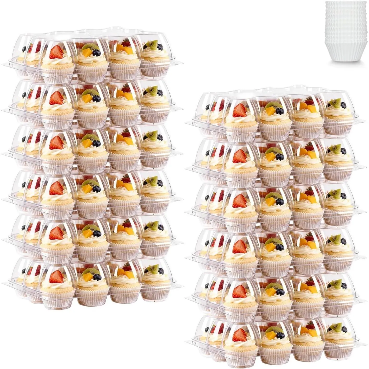 12 Count Cupcake Containers, 12 Pack Stackable Cupcake Carrier with 144 Pack Cupcake Liners, Plastic Cupcake Boxes Holders, Clear Cupcake Disposable Trays for Baking, Parties, Gifting