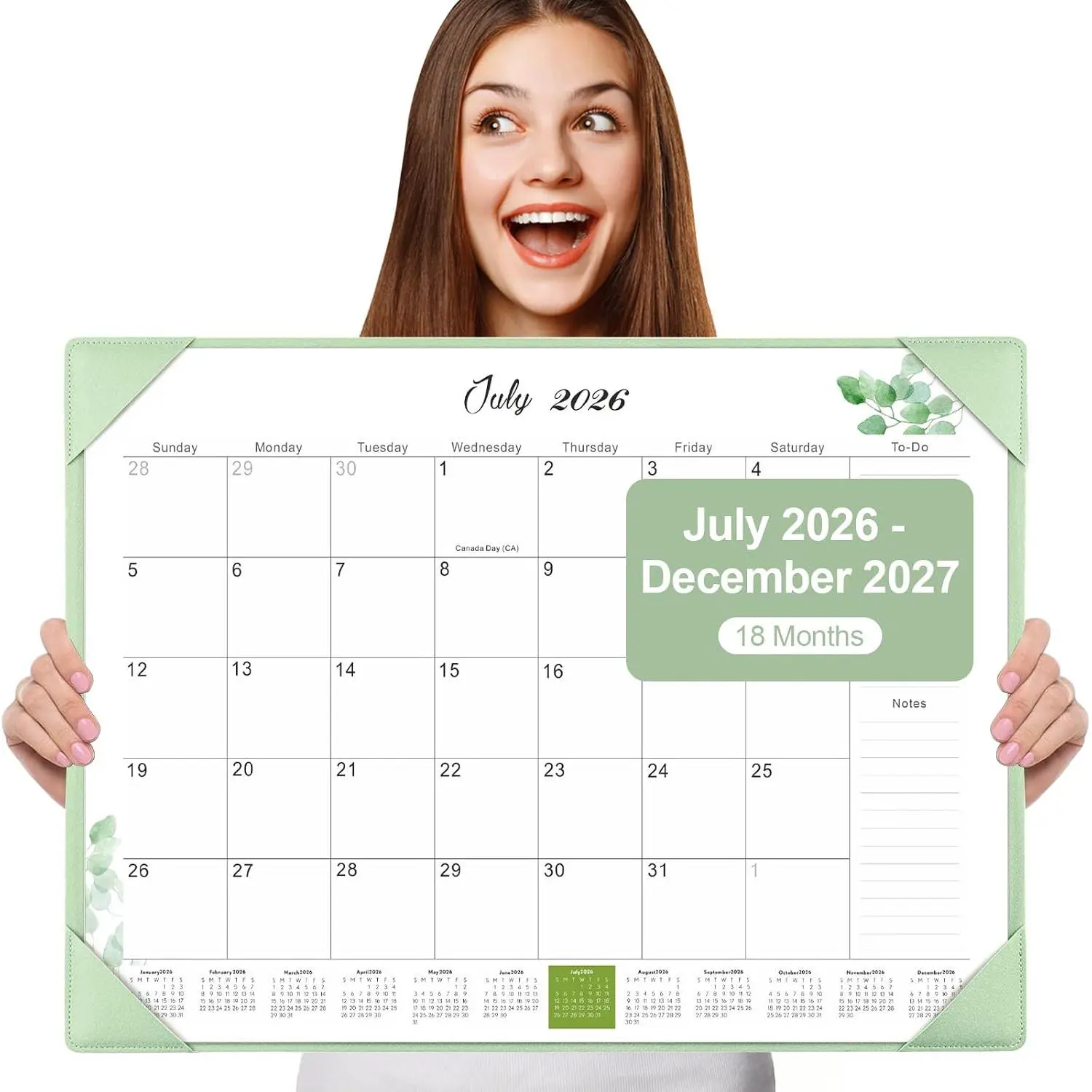Desk Calendar 2026-2027 with Desktop Mat, Simplified Large 22" x 17" Desktop Pad Calendar, 18 Month Desk Calendar July 2026-Dec 2027, Office Supplies  for  School and Office - Green