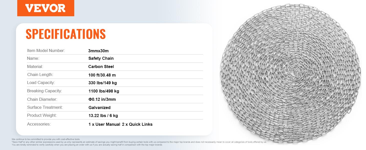 TikTokShopBlackFridayVEVOR Proof Coil Chain, 1/8" x 100', 330 lbs Safe Working Load, Zinc Plated Proof Tested Coil Chain with Two Quick Links, Galvanized Carbon Steel Link Chain for Towing, Hanging, Camping, Pet Towing TikTokShopBlackFridayVEVOR Proof Coil Chain, 1/8" x 100', 330 lbs Safe Working Load, Zinc Plated Proof Tested Coil Chain with Two Quick Links, Galvanized Carbon Steel Link Chain for Towing, Hanging, Camping, Pet Towing