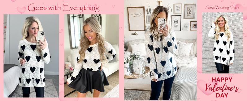 Saodimallsu Womens Cute Love Heart Print Sweaters Oversized Off The Shoulder Loose Knitted Valentine Pullover Blouse Top