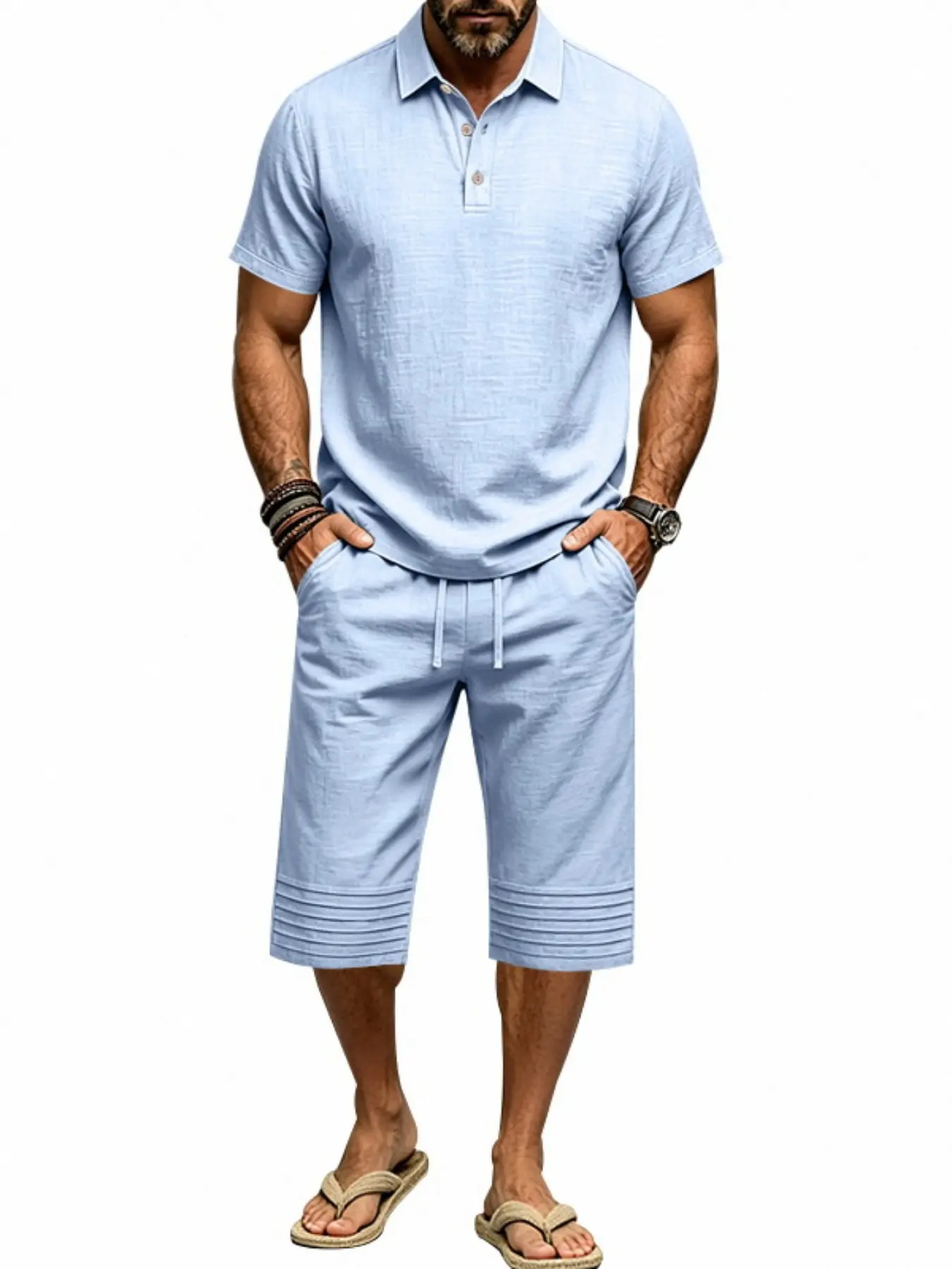 Summer European Men's Linen Casual Loose Polo Short Sleeve Seven-Quarter Pleated Shorts Set, Available Now, Comfortable and Stylish