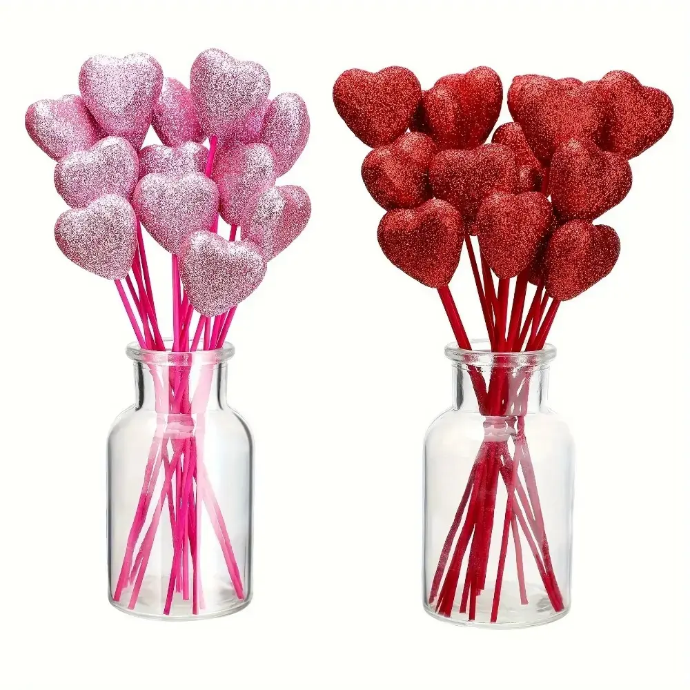 24pcs, Glitter Foam Hearts Picks, Red/Pink Sparkly Foam Hearts Stems Wooden Glitter Heart Picks Puffy Heart Topper For Valentine's Wedding Decorations And Flower Arrangements