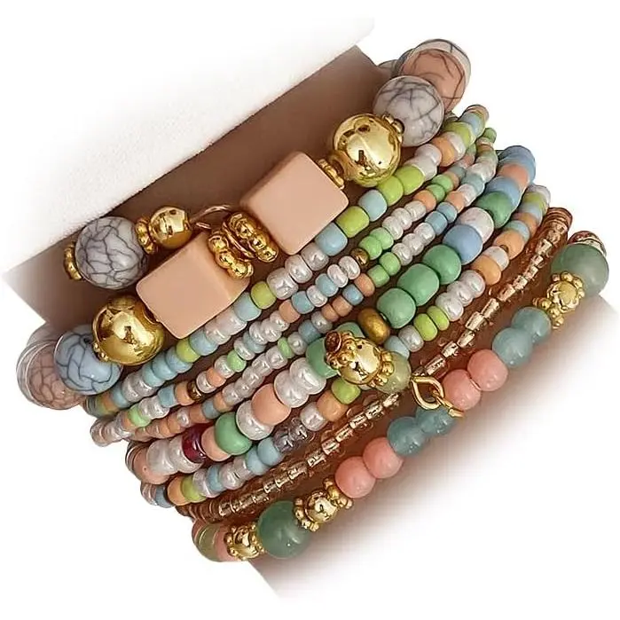 8 count Beaded Bracelets for Women, Multilayered Stackable Strand Stretch Bead Bracelet Pack  Trendy Bohemian Charm
