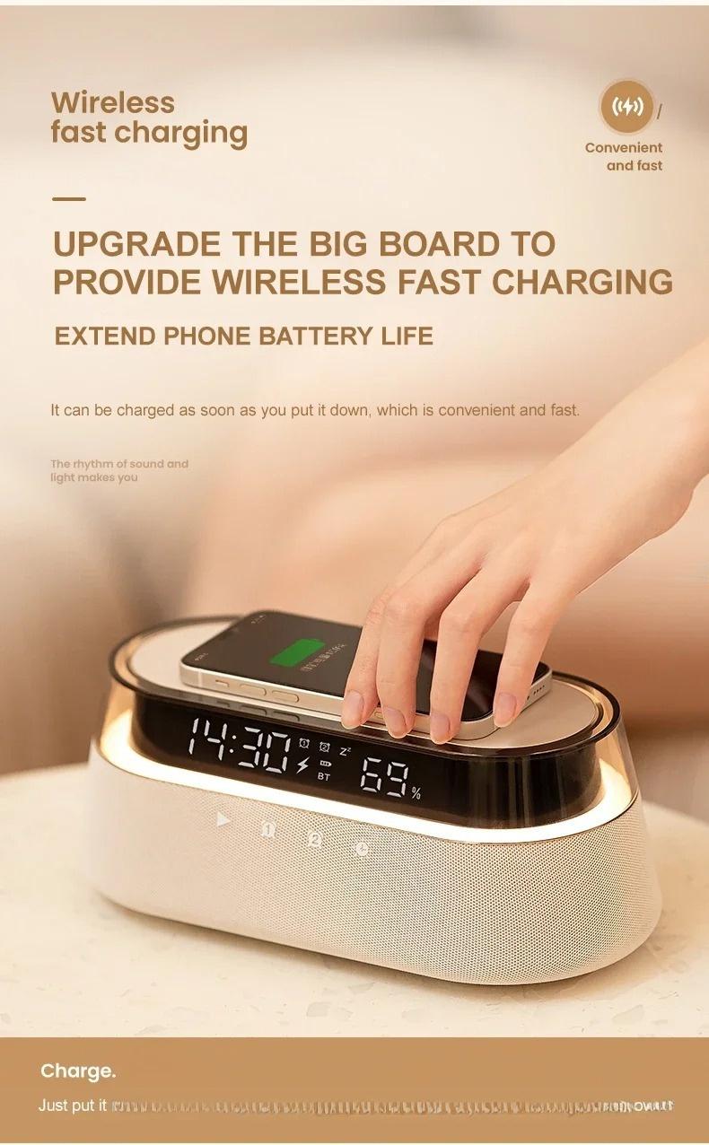 6-in-1 Smart Speaker Alarm Clock 15W Wireless Charger Bluetooth Music Player with Snooze Function