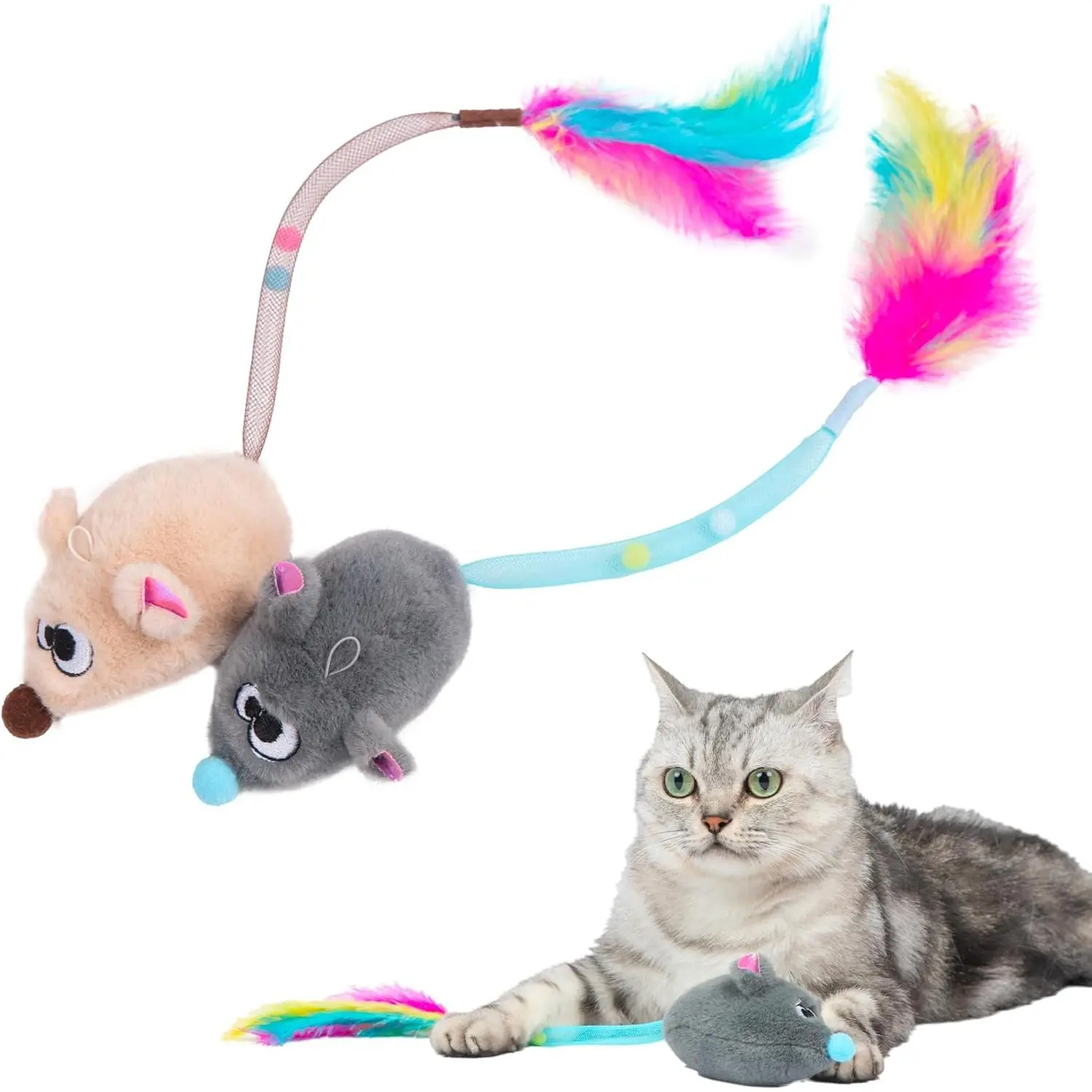 Catify Interactive Cat Toys – Plush, Motion-Activated & Squeaking Toys with Premium North American Catnip for Indoor Cats & Kittens - Squeaking Mice Set, Beige & Gray