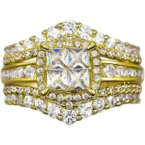 Vintage 14K gold-plated 3ct Moissanite Ring set S925 Sterling Silver Bijou Engagement Wedding band Rings for Women men Jewelry