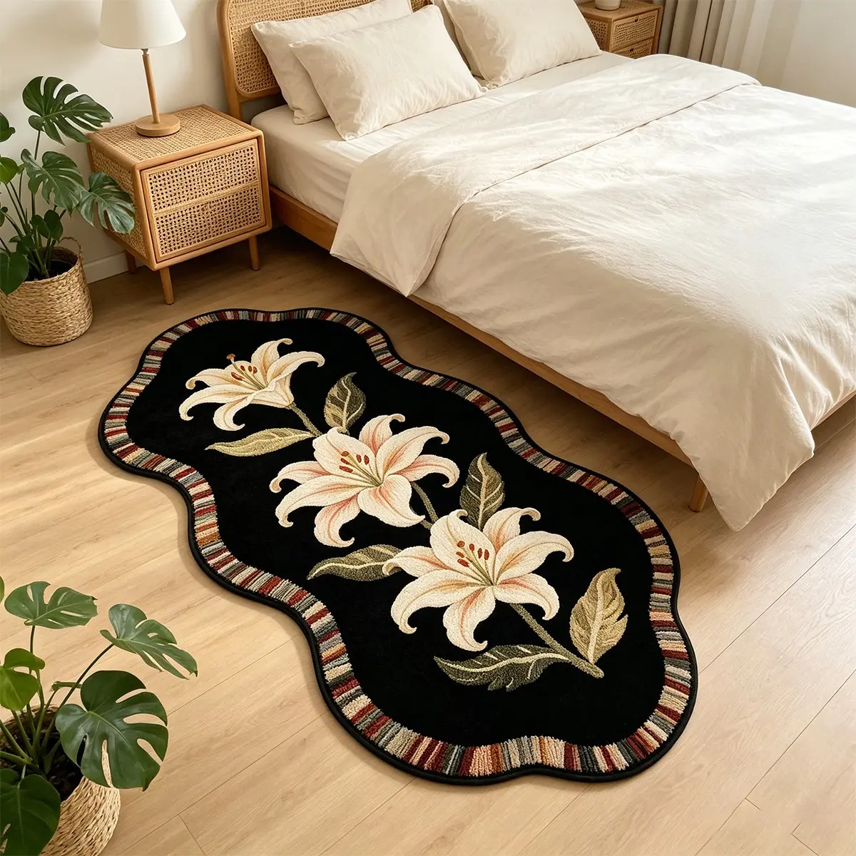 Irregular Rug, Lily Flower Bedside Mat, Non-Slip Vintage Style, Soft, Flower Pattern Rugs, Boho Indoor Decor, Bedroom Living Room Carpet