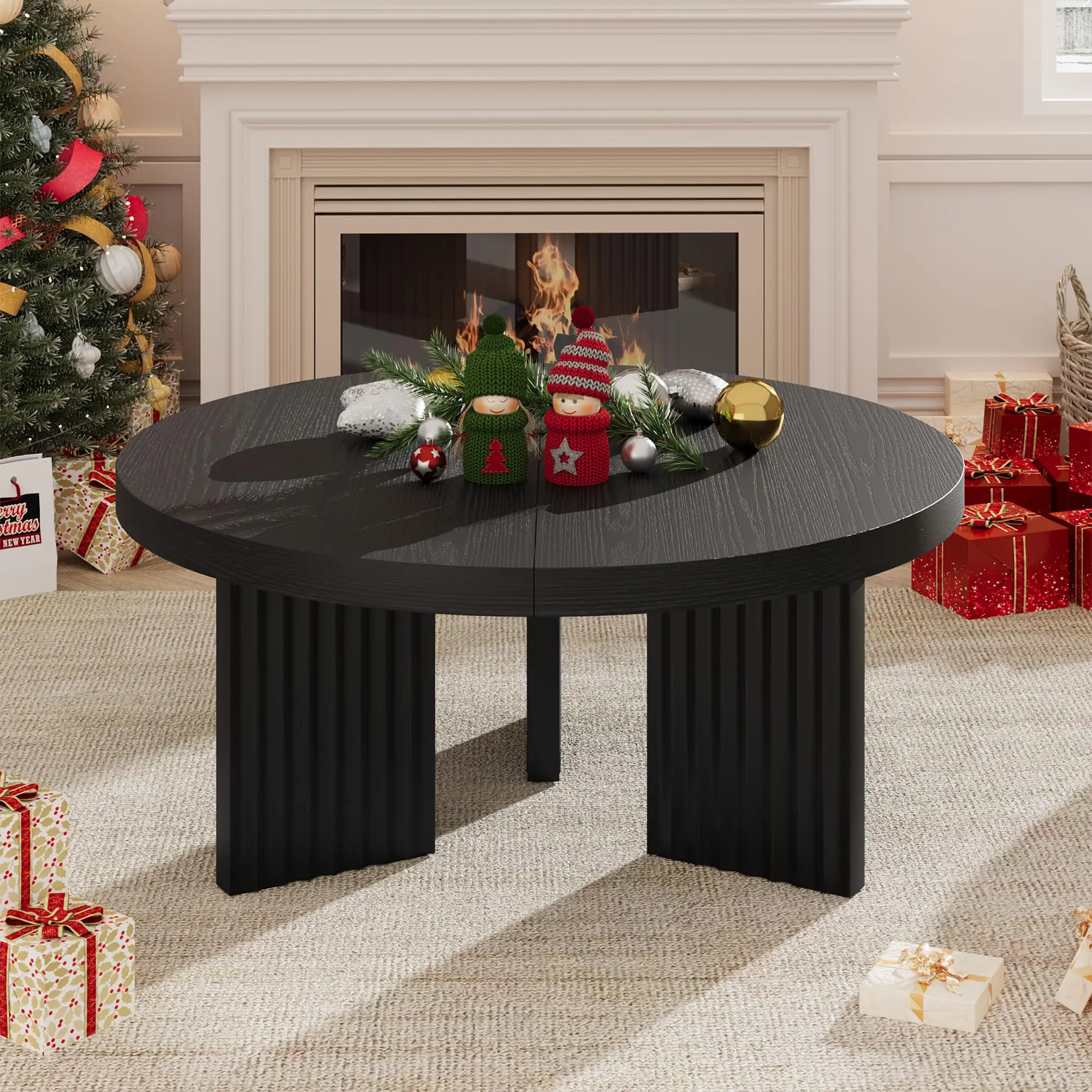 33.5" Round Coffee Table, Circle Center Table with Fluted Legs & 1.3" Thick Top, Accent Cocktail Tables for Living Room, Bedroom, Easy Assembly, Black