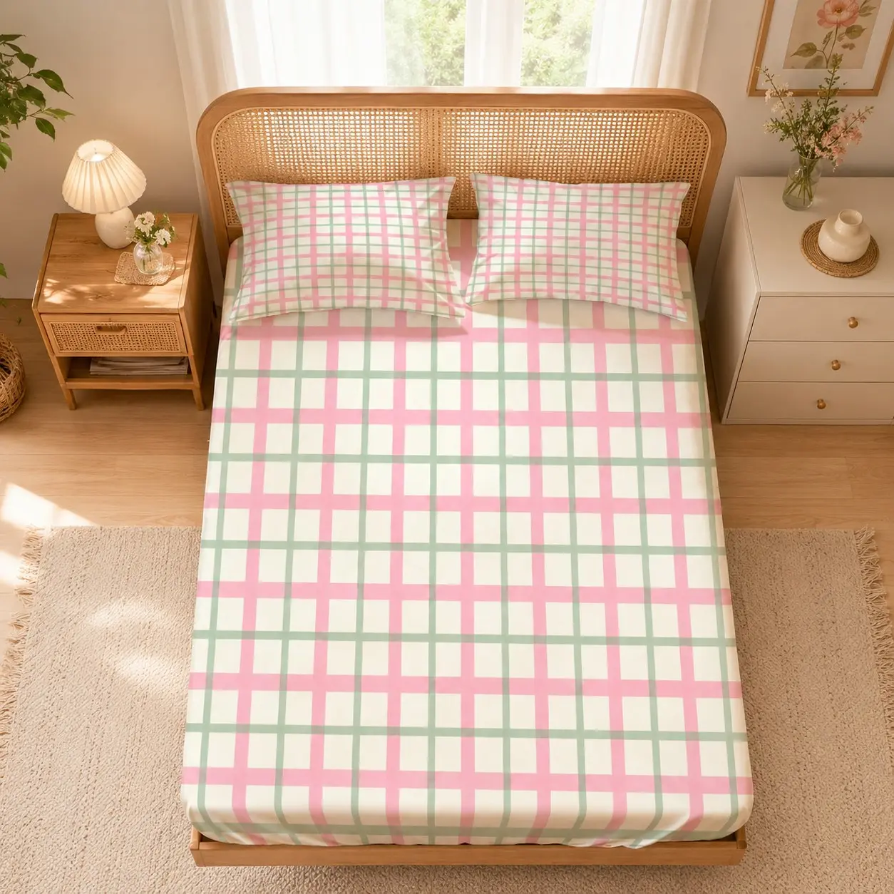 3PCS Fitted Sheet Set Fresh Vintage Hand-Drawn Plaid Print Bedding Bed Sheet Sets, Single-Sided Printed, 1 Fitted Sheet and 2 Pillowcases, Excluding Pillow Inserts, Soft Snug Comfy Bedding Set Gift for Bedroom, Dorm and Guest Room Bedsheets