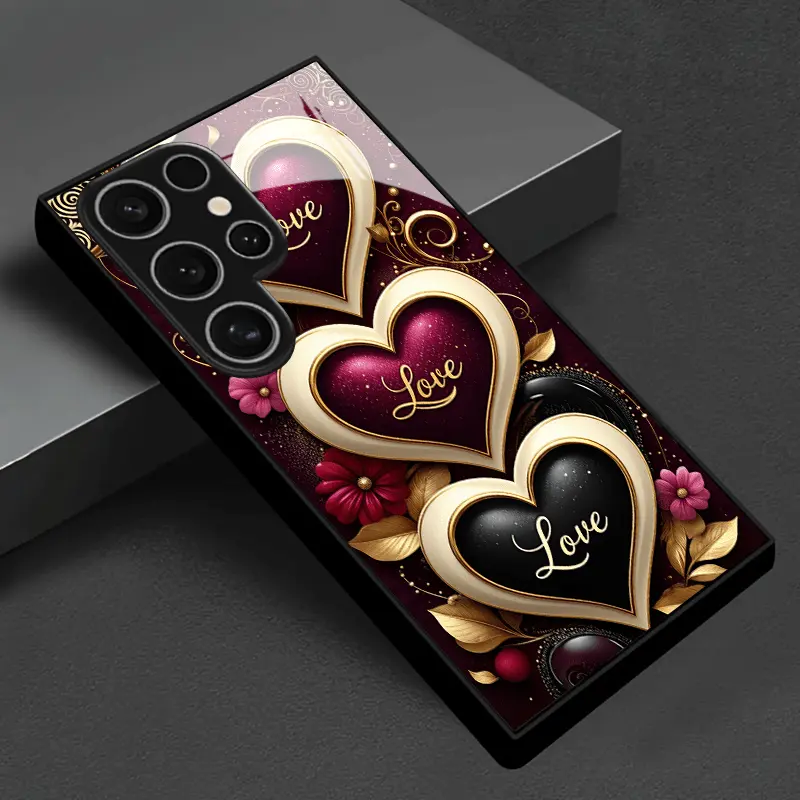 Purple Golden Love Phone Case for Samsung Galaxy A56 A36 A55 A35 A06 A05 A14 A24 A34 A54 A16 A25 A15 A53 S26 S25 S24 S23 S22 S21 S20 FE Plus Ultra and  Pixel 7/8/9/10 MotoG84/85/67/24/iPhone17/16/15 Shatterproof Tempered Glass Back Cover Men's Phone Case