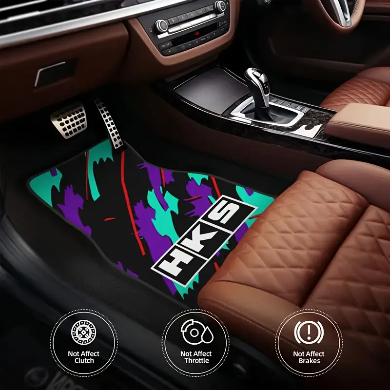 4-piece set of crystal velvet car floor mats with HKS logo and bright colorful prints - full coverage design, soft, durable and non-slip, all-season protection, in-car upgrade, eye-catching patterns, high-quality flooring, exclusive for car owners