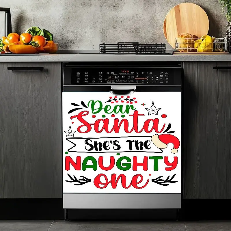 2D Flat 2Pcs Christmas Dishwasher Sticker Dear Santa She's The Naughty One Festive Holiday Kitchen Decor Waterproof Self-Adhesive Appliance Cover Front Panel Decorative Stickers for Refrigerator Washing Machine Freezer Magnetic Removable Home