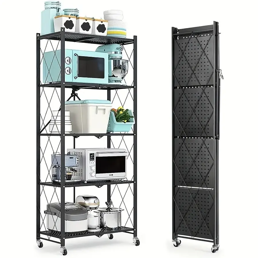 3/4/5-Tier Unassembled Storage Rack with Wheels, Multi-Layer Shelving Unit, Portable Floor-Standing Versatile Organizer, Foldable Magazine Rack, Utility Storage Rack
