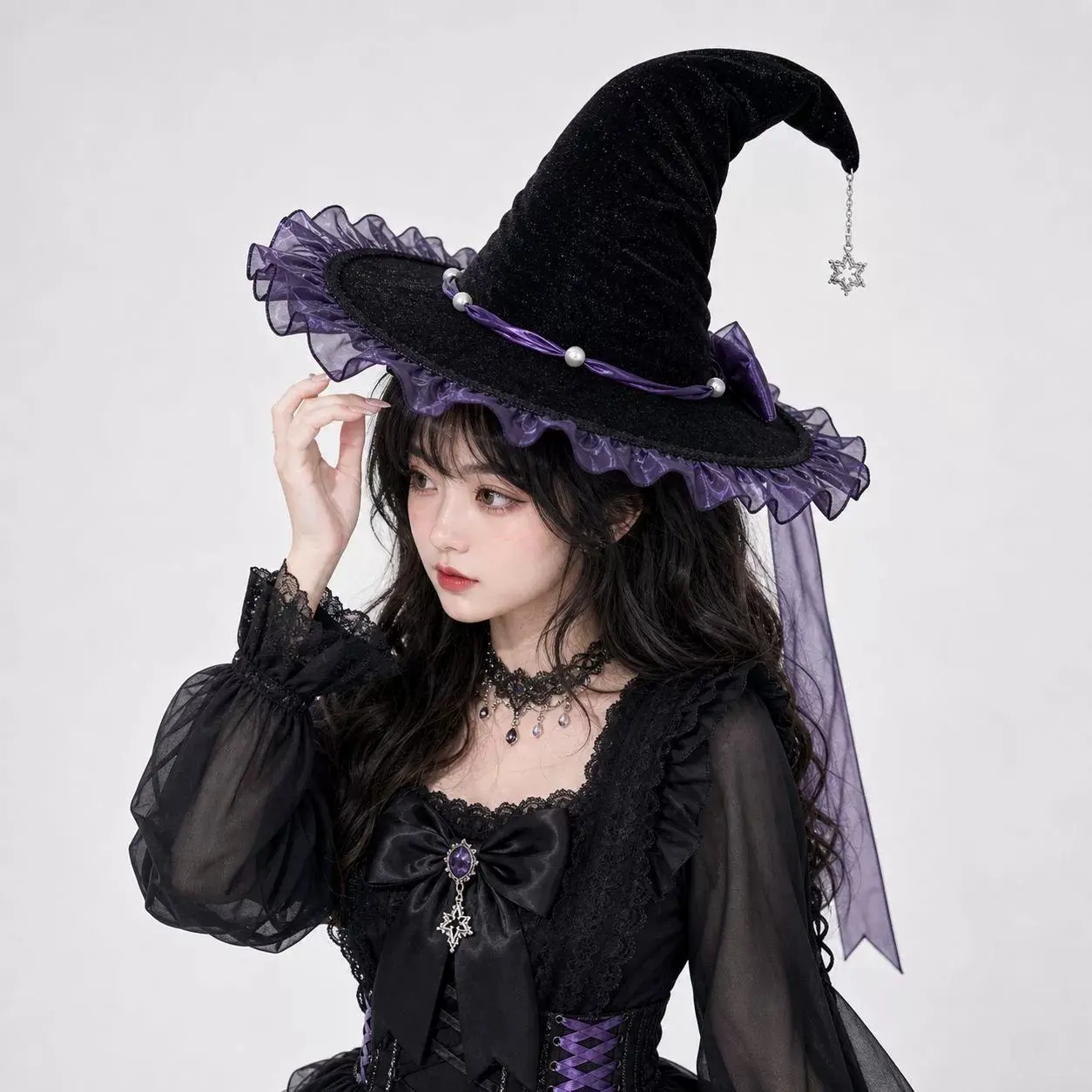 Halloween Party Role Play Costume Set, Bow Net Hat & Collar Chain Combo, Decorative Props for Halloween Parties, 1 Set