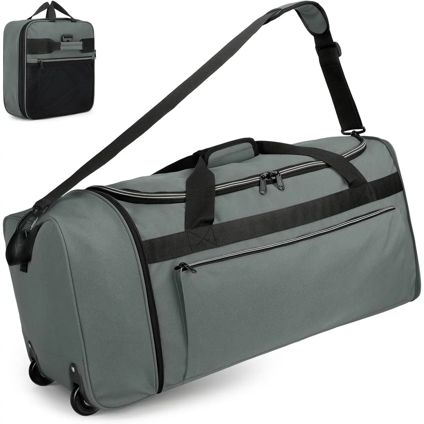 70L Foldable Rolling Duffle Bag with Wheels | 28” Large Duffle Bag for Travel, Carry  Luggage Duffel Bag for Traveling/Camping/Moving, Water Resistant, Grey