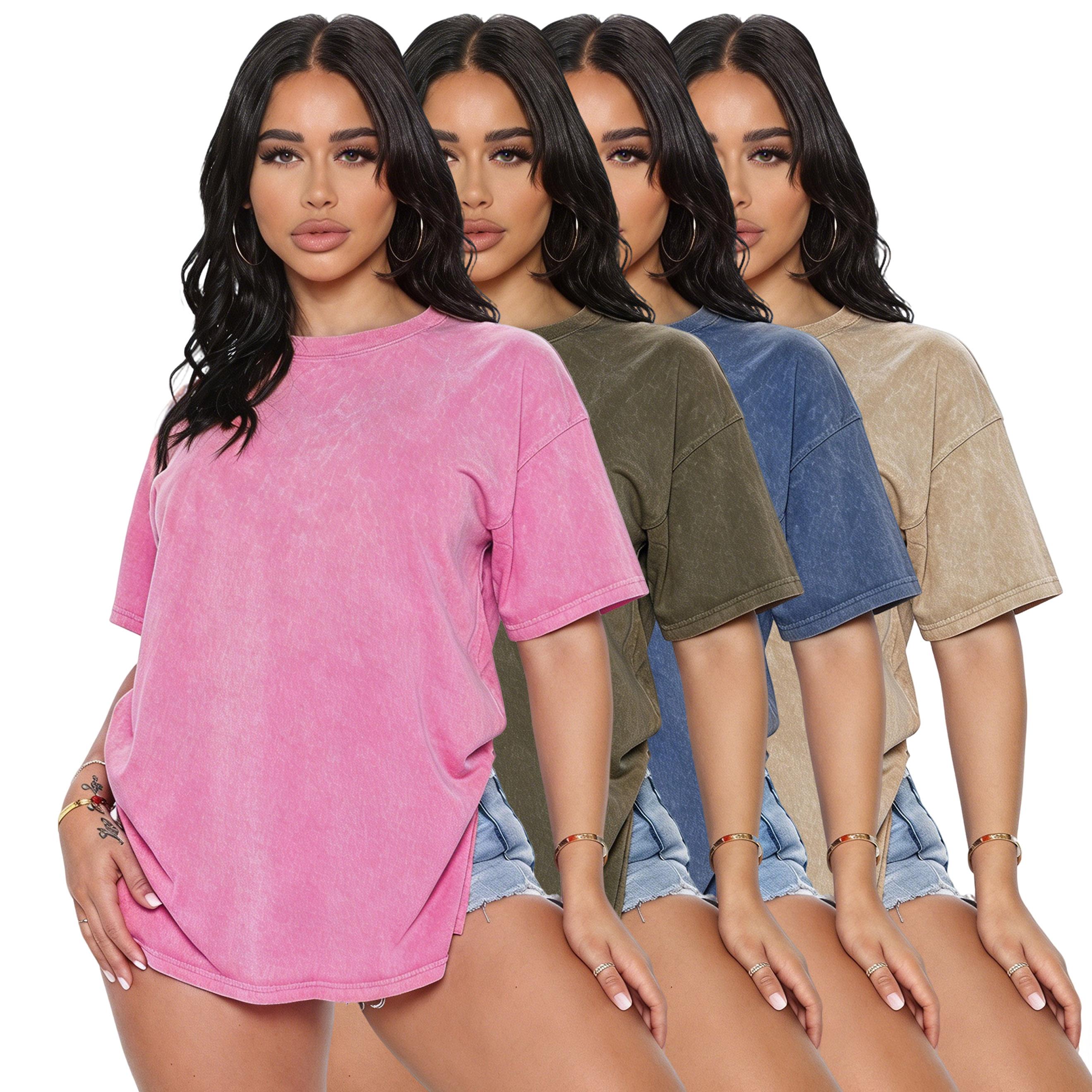 Women's 4-Pack Pure Cotton Crew Neck Short Sleeve Loose-Fit Plain Casual Machine-Washable Basic Tees, Distressed Wash Round Neck Cotton Shirt Tees, Shortsleeve Crewneck Streetwear Top Shirts for Women, Basic Tops