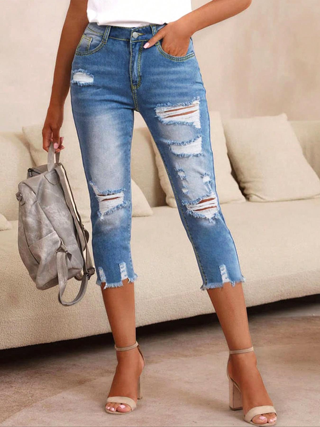 Women's Plain Ripped Raw Hem Skinny Jeans, Casual Pocket Button Cropped Capris Denim Pants for Summer, Capri Pants, Fashion Women's Denim for Daily Wear
