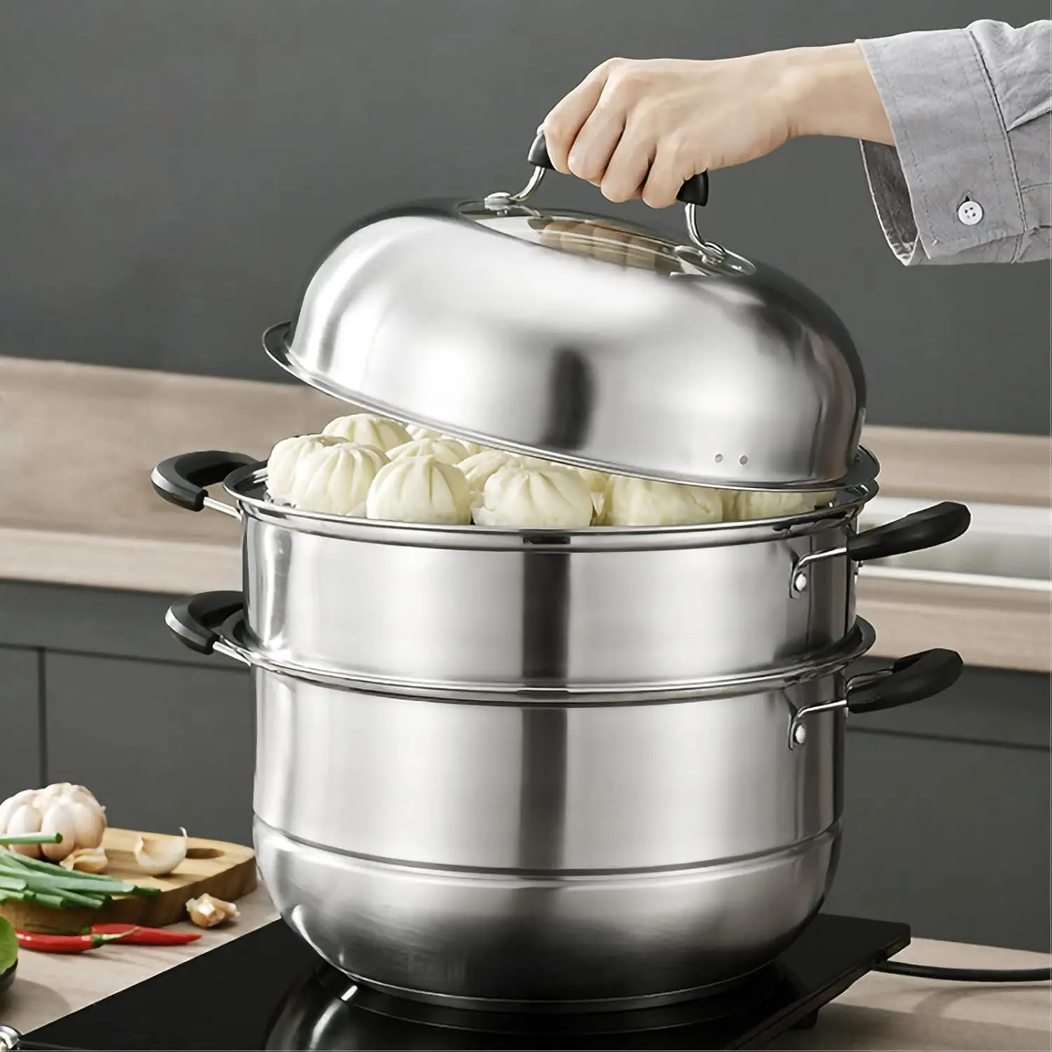 11.8 inch 2-tier Stainless Steel Steamer Pot with Lid, Multipurpose Steaming Cookware with Handle for Cooking Vegetable, Dumpling, Stock, Sauce and Food