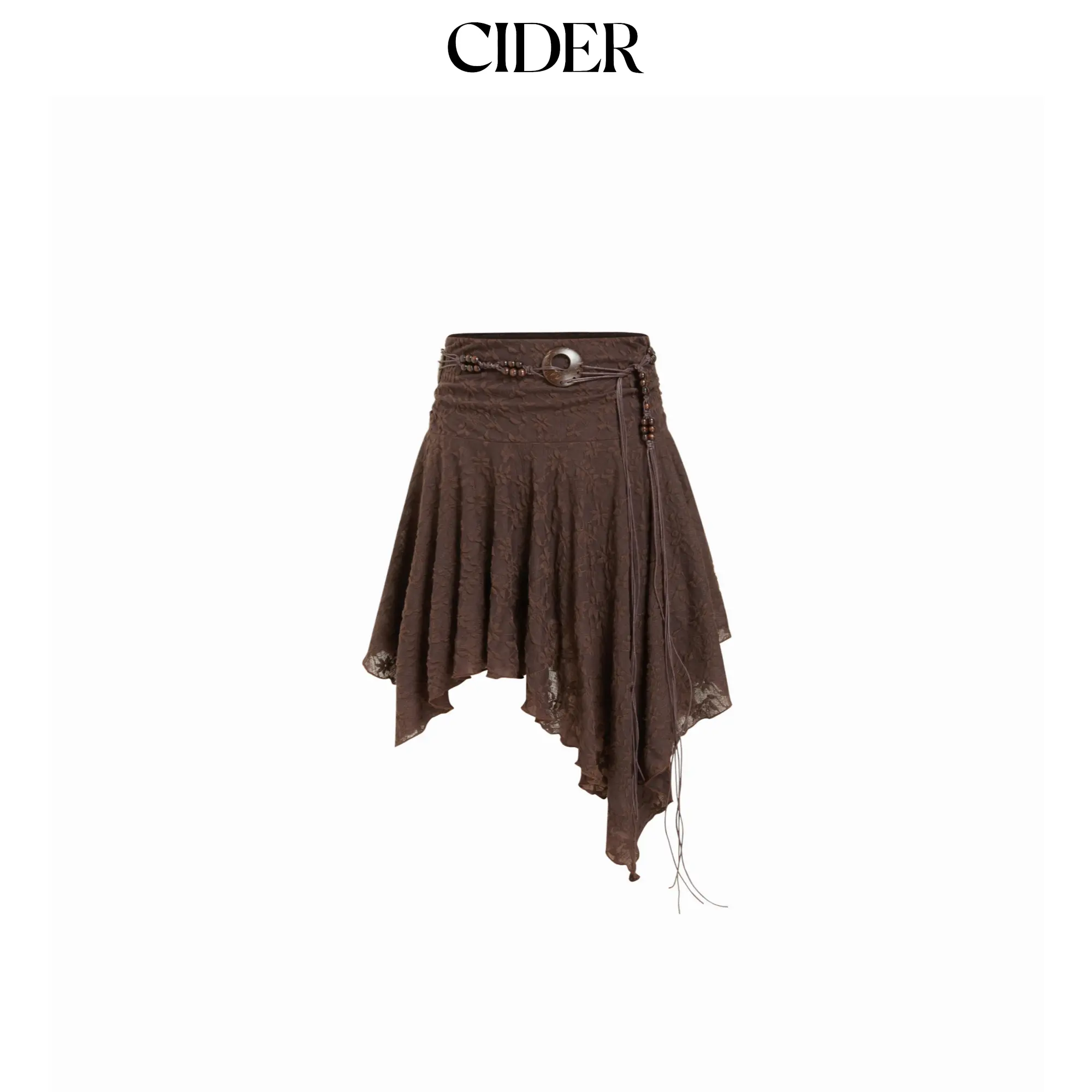 Cider Textured Lace Low Rise Asymmetrical Hem Flared Midi Skirt With Belt