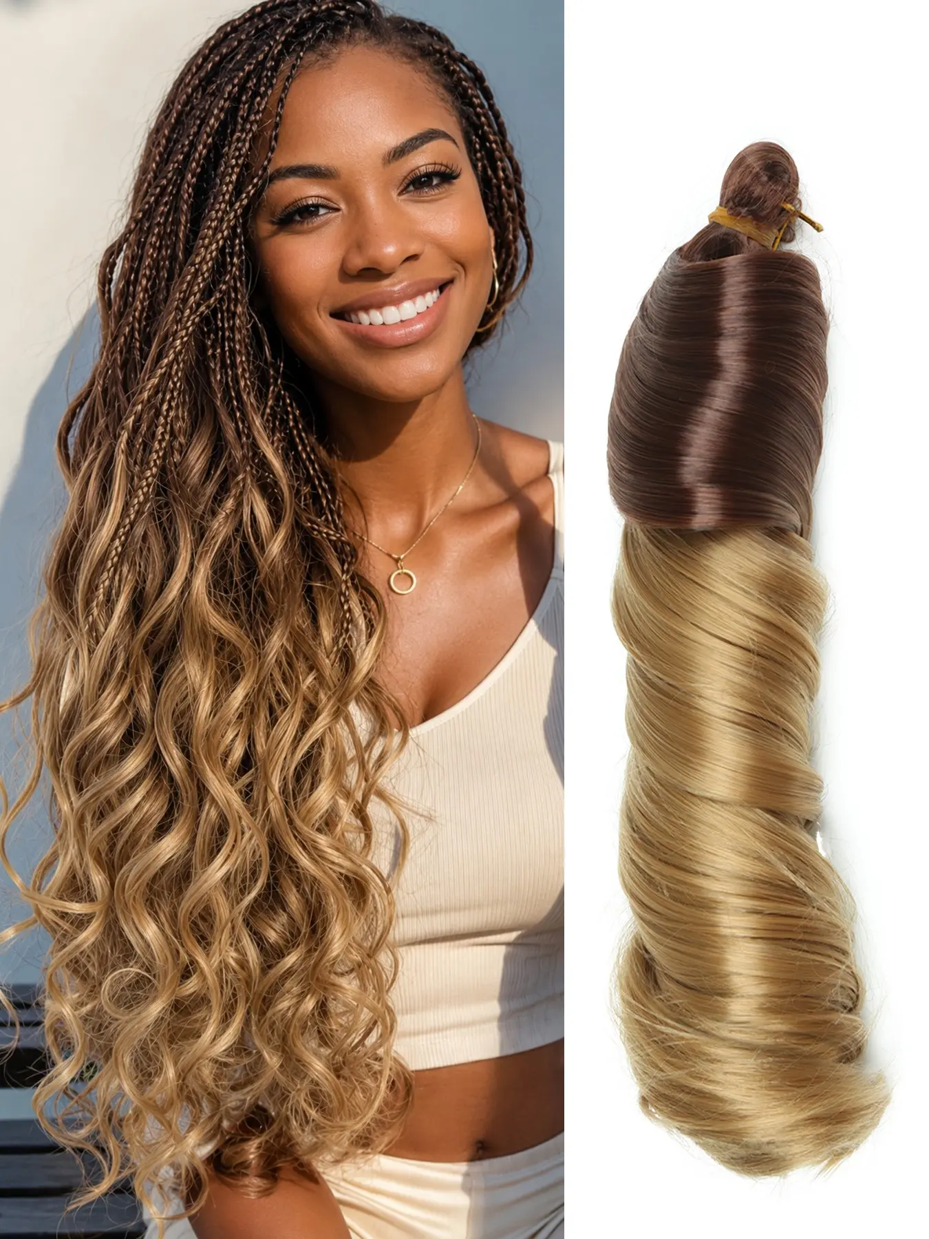 French Curls Extension Braiding Hair Ombre Brown Synthetic Bouncy Braided Hair Extensions For Women 150g/pack French Curly Wave Body Wave Crochet Hair 18 inch Synthetic Fiber Braids