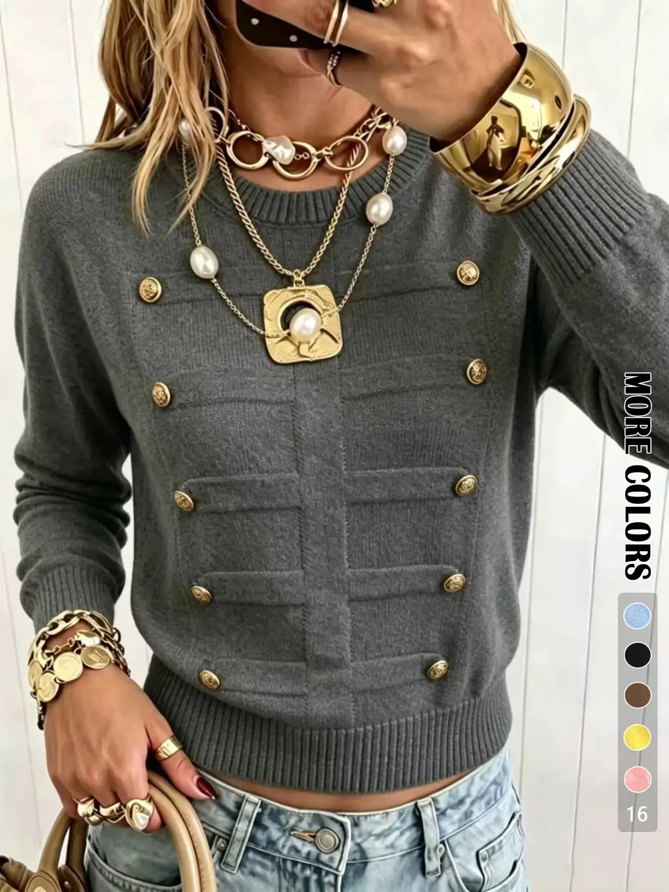 Autumn Winter Fashion Chic Simple Style Metal Button Design Pullover, Casual Loose Fit Versatile Lazy Wind Sweater Top Knitwear for Women Knitting