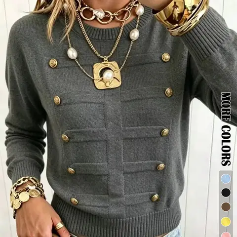 Autumn & Winter Fashion Chic Simple Style Metal Button Design Pullover, Casual Loose Fit Versatile Sweater Top, Knitwear for Women, Knitwear For Fall